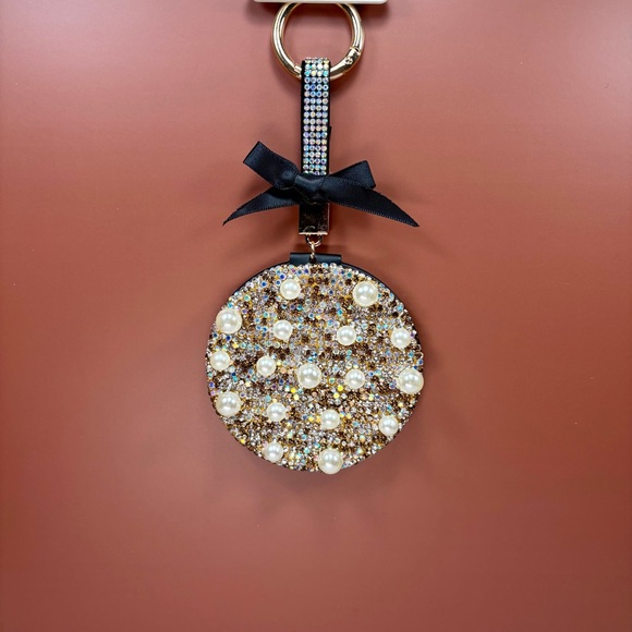 Bejeweled Pearl Accent Round Compact Mirror - Keychain or Bag Charm Gold & Pearl - Picture 3 of 9